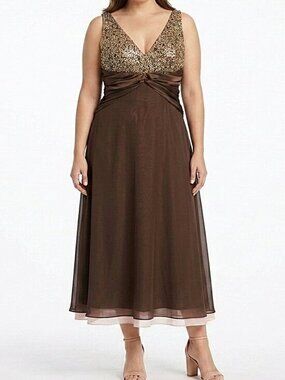 JS Boutique Beaded Chocolate Chiffon/Satin Cocktail Dress NEW Sz. 12